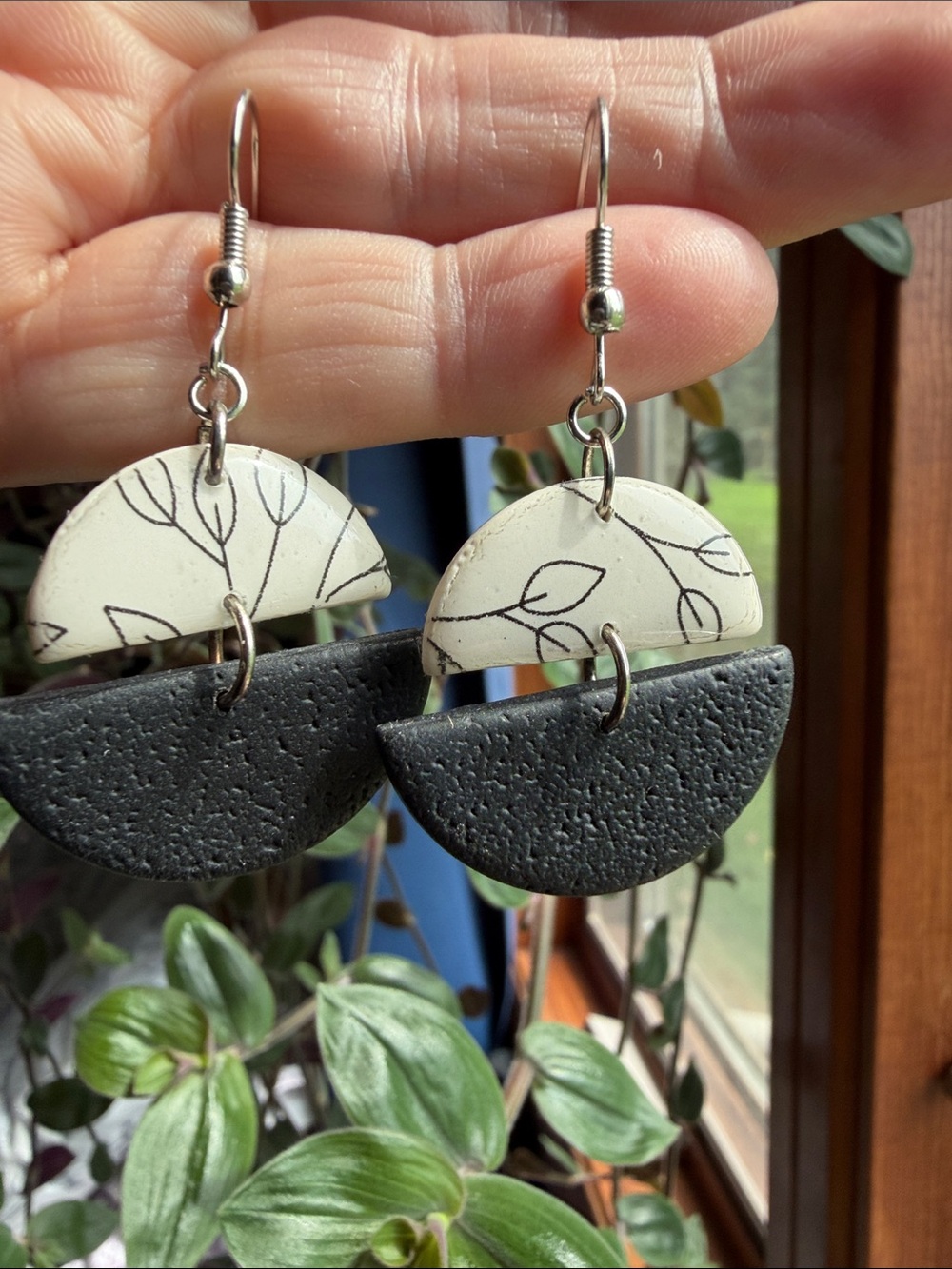 Handmade Black and White Half-Moon Dangle Earrings